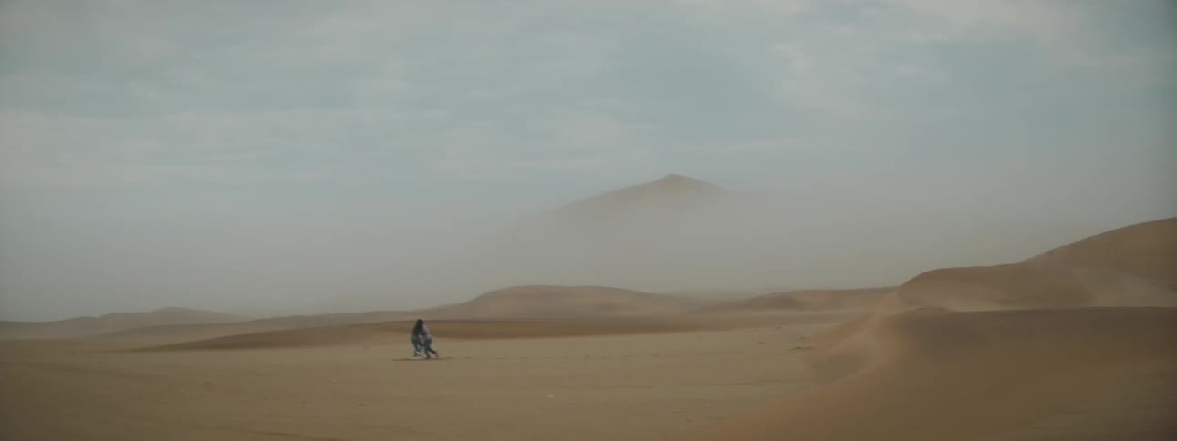 Two people play around in the desert falling down