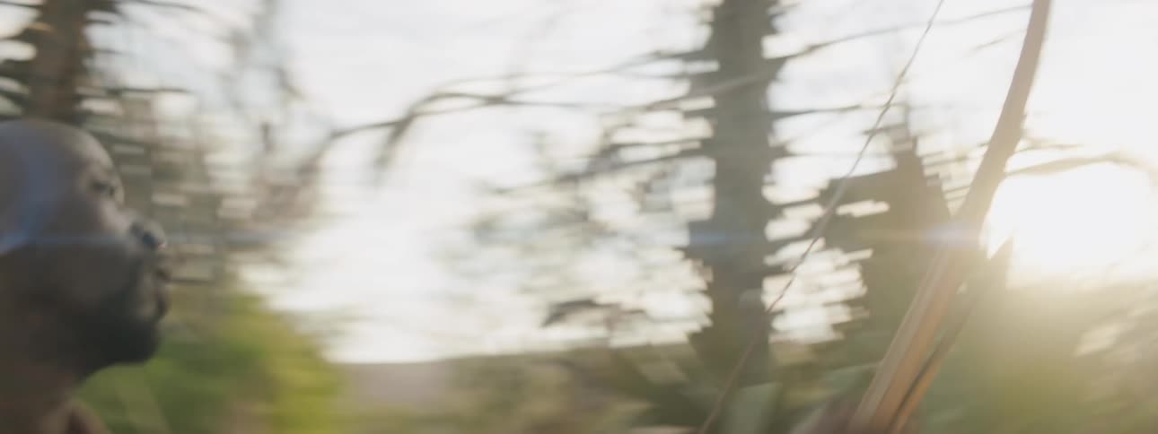 Man loses arrow from bow standing near palm trees on plains as sun shine from over mountian