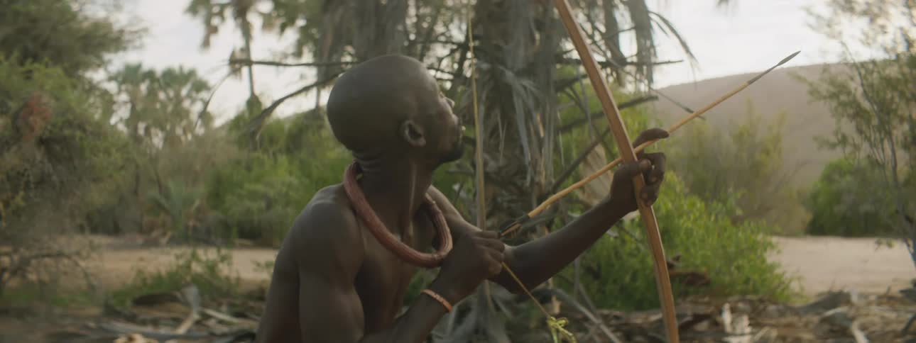 A group of aboriginal african men hunting with bow and arrows