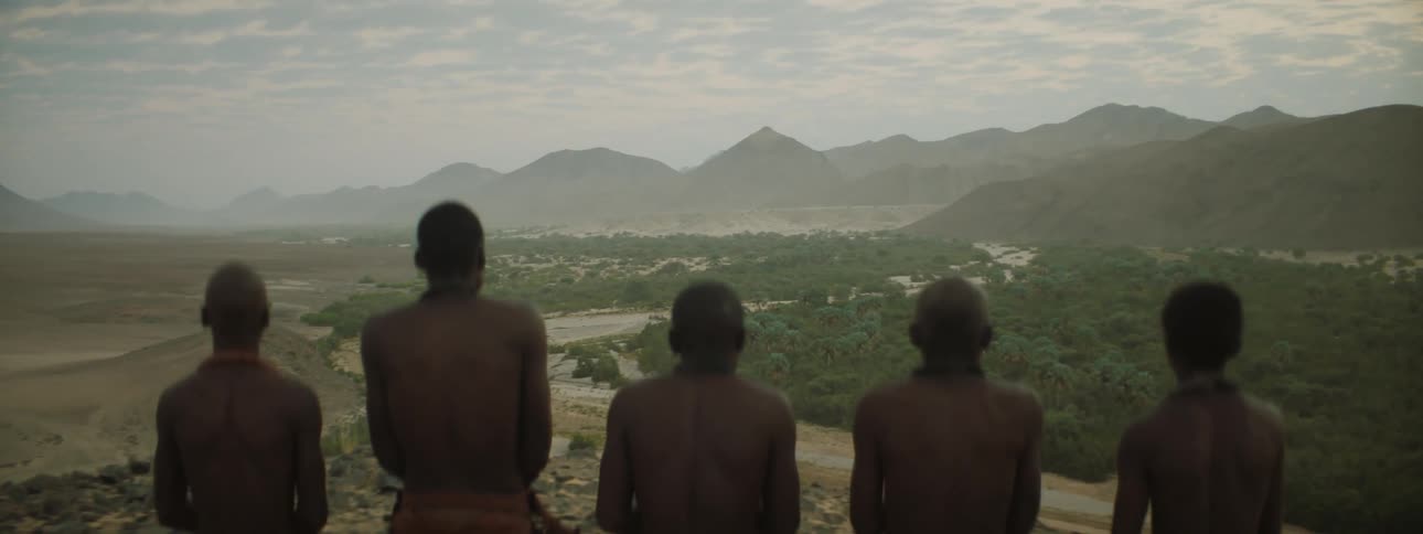 Five people stand looking at sun set over mountain range past a dirt road and some trees