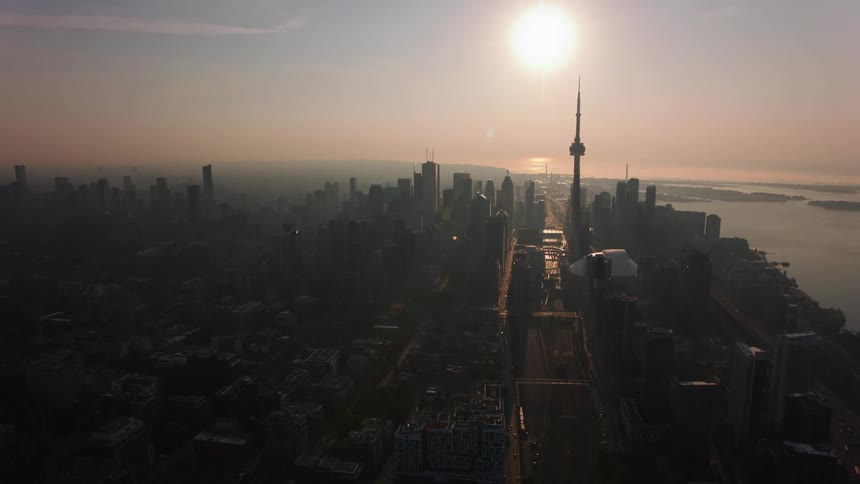 An aerial view of the city skyline on the shore