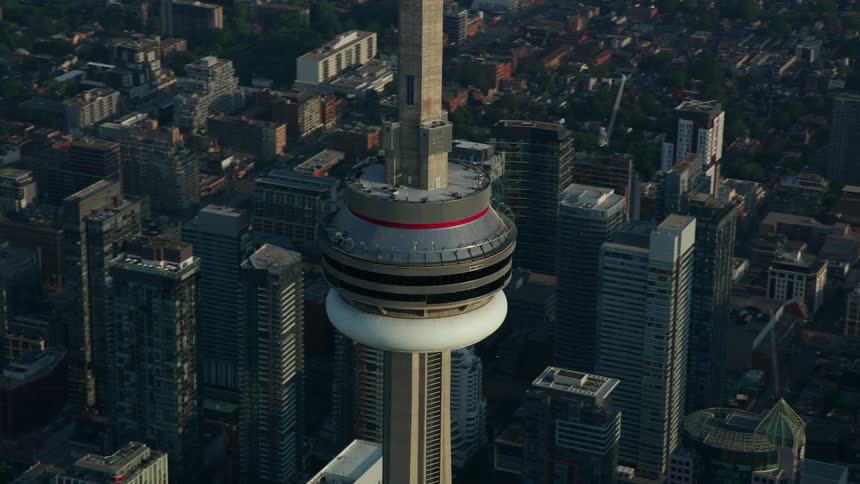 Aerial view of buildings in a downtown city is displayed
