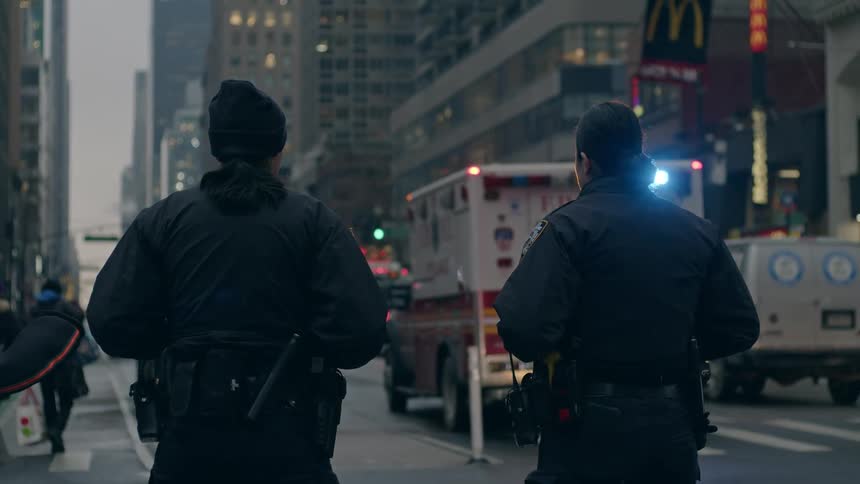 Two police officers standing in front of an ambulance on the busy city streets