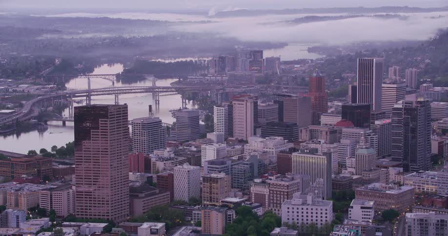 Aerial view of a big city with tall skyscrapers and towers and traffic moving on bridges over the lake