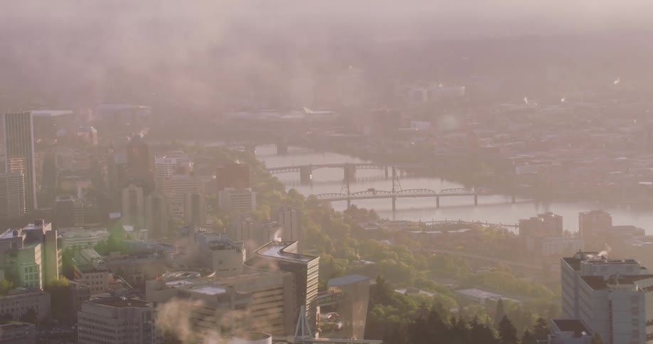 Fog obscures downtown buildings sitting near river