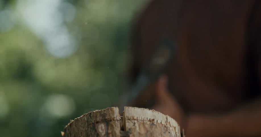A man notches a log then swings his ax and splits it