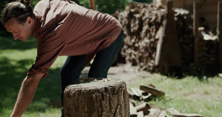 A man splitting wood outdoors