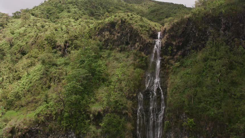 A narrow waterfall rushes down the side of a steep lush canyon