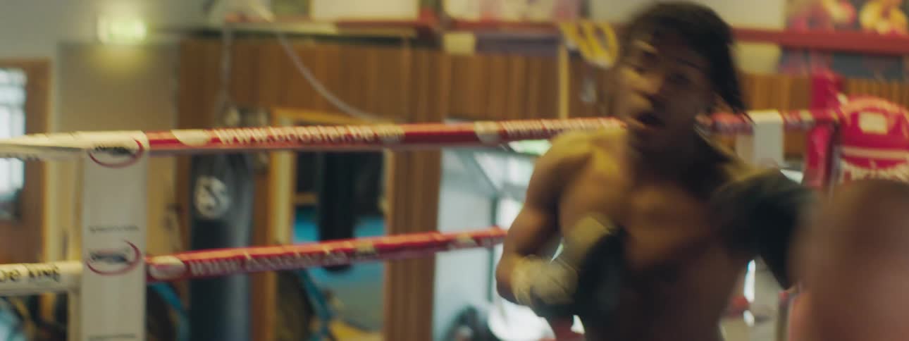 Two men boxing throw punches until one man knocks the other to the ground