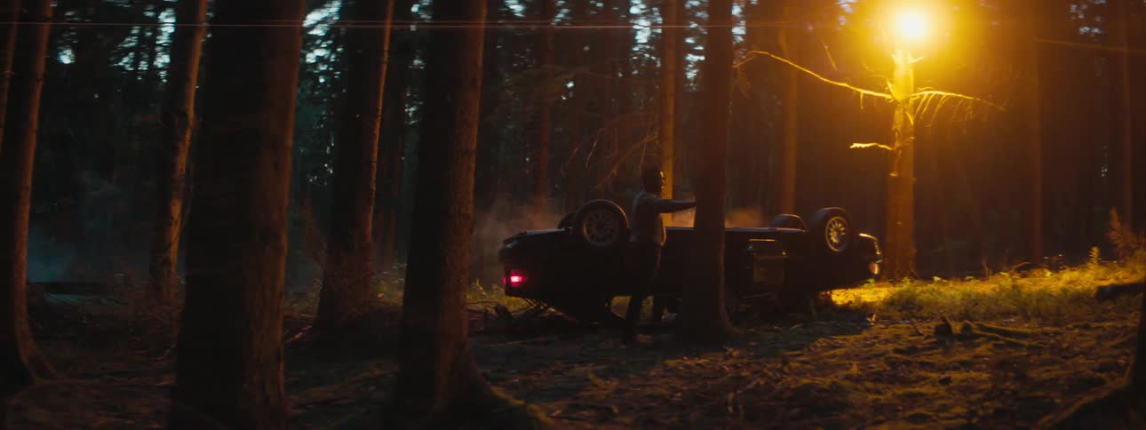 A car is over turned in the middle of a forest with smoke rising from the body