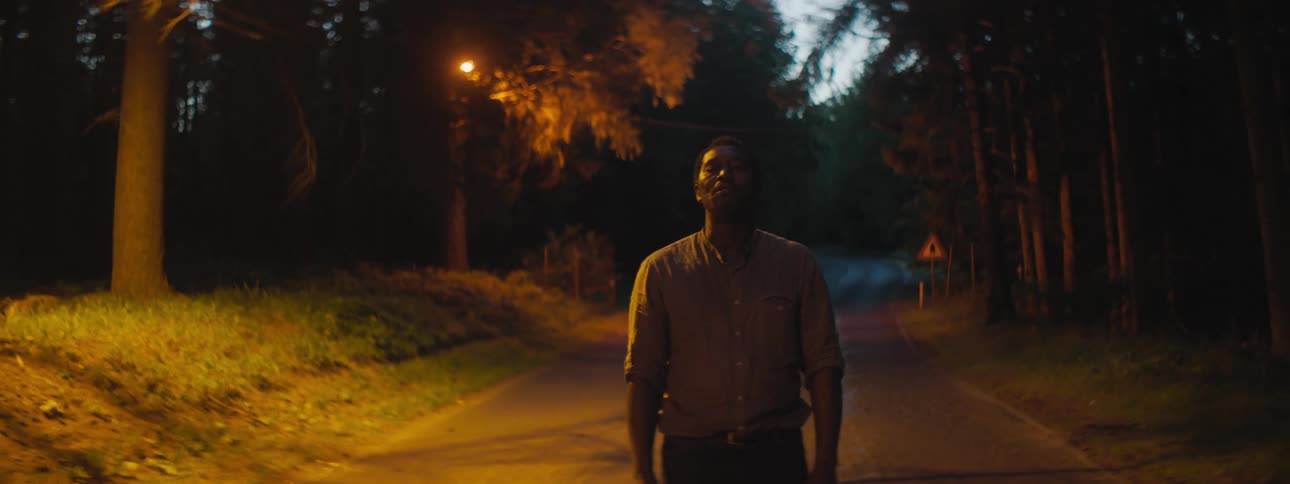 Man stands on road in middle of forest back lit by streetlight
