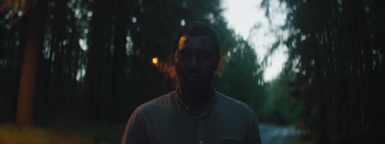 Man with a shirt stands in the red spotlight in the woods at dusk