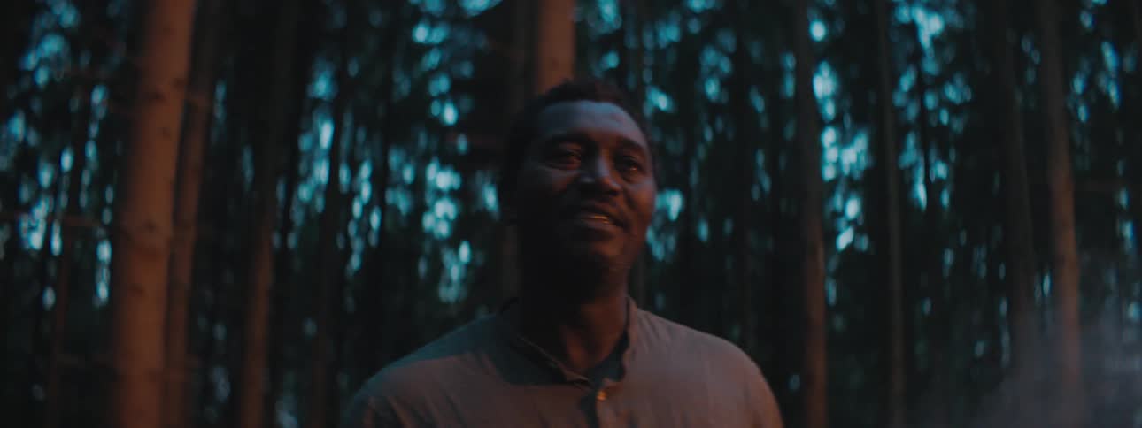 A man is walking through a forest