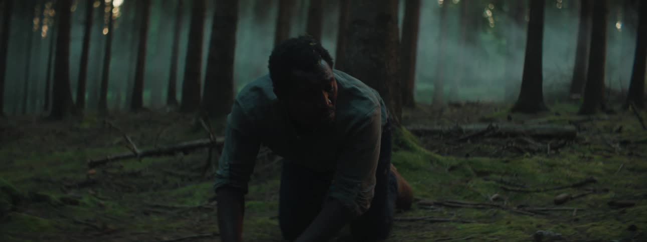 An injured man standing up in a forest with smoke in the background