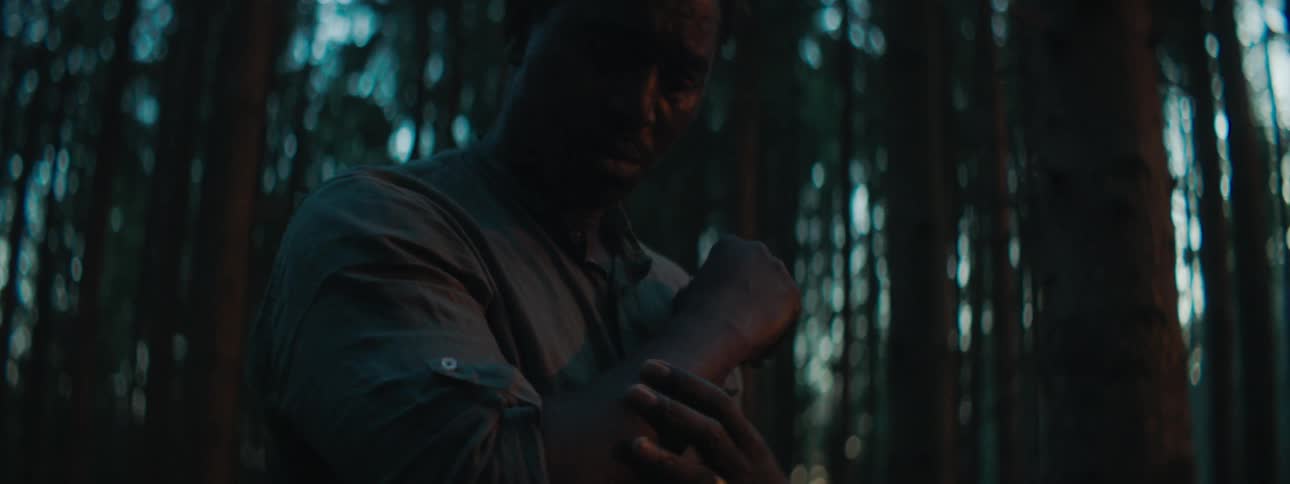 A man standing in the forest looks at his arm and looks around
