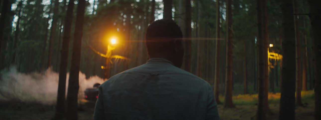 A man is walking through the woods at dusk