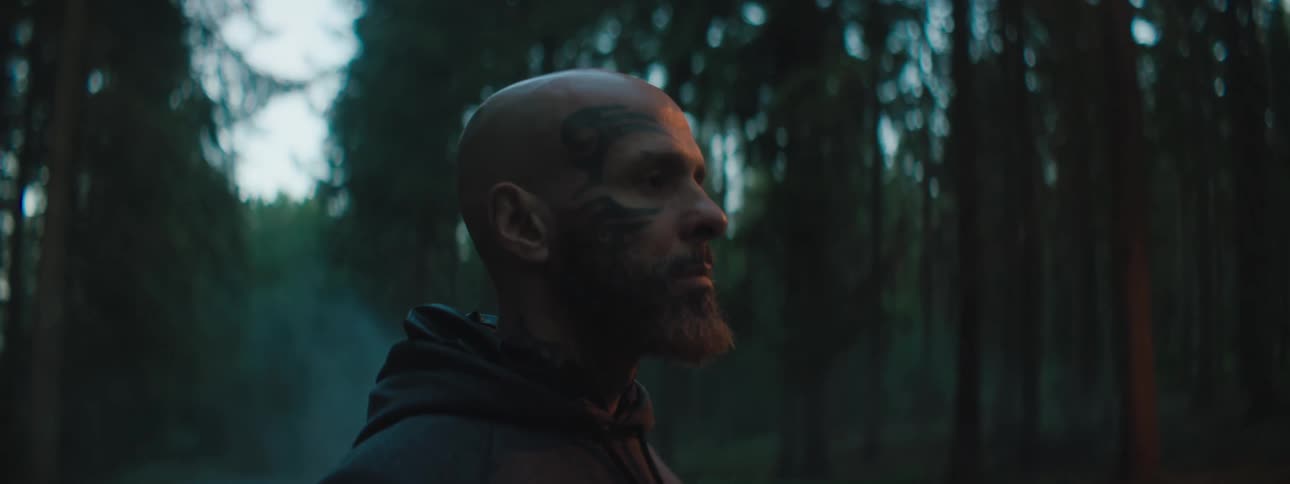 A man is standing in a forest at dusk