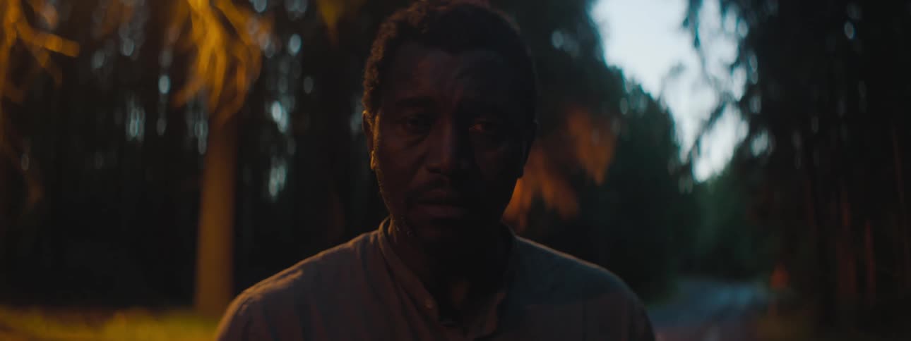 A man is standing outdoors at dusk