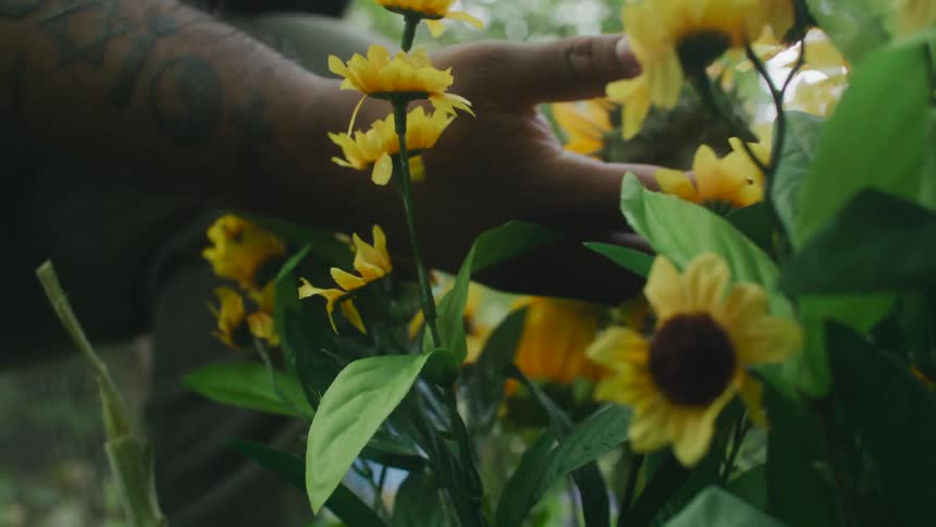 A man kneeling outdoors picks a flower and lifts it to get a better view