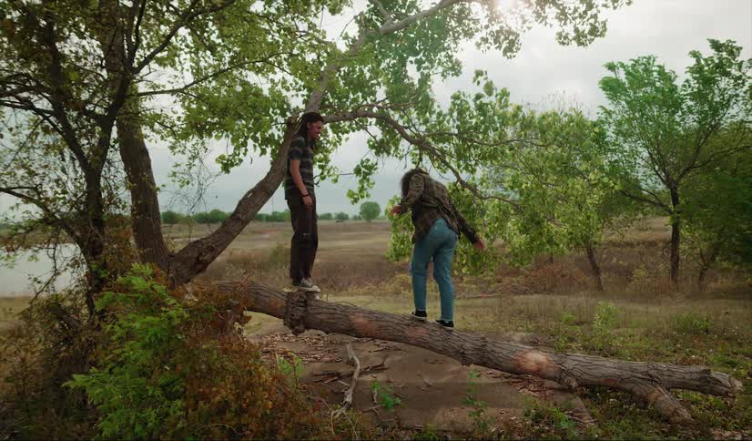 Man with long hair t shirt and brown pants stands on fallen tree with woman with curly hair plaid shirt and ripped jeans in the forest