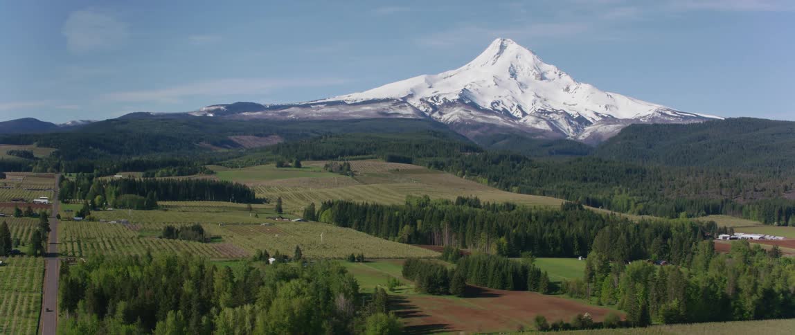 A large volcano covered in snow rises above farmland