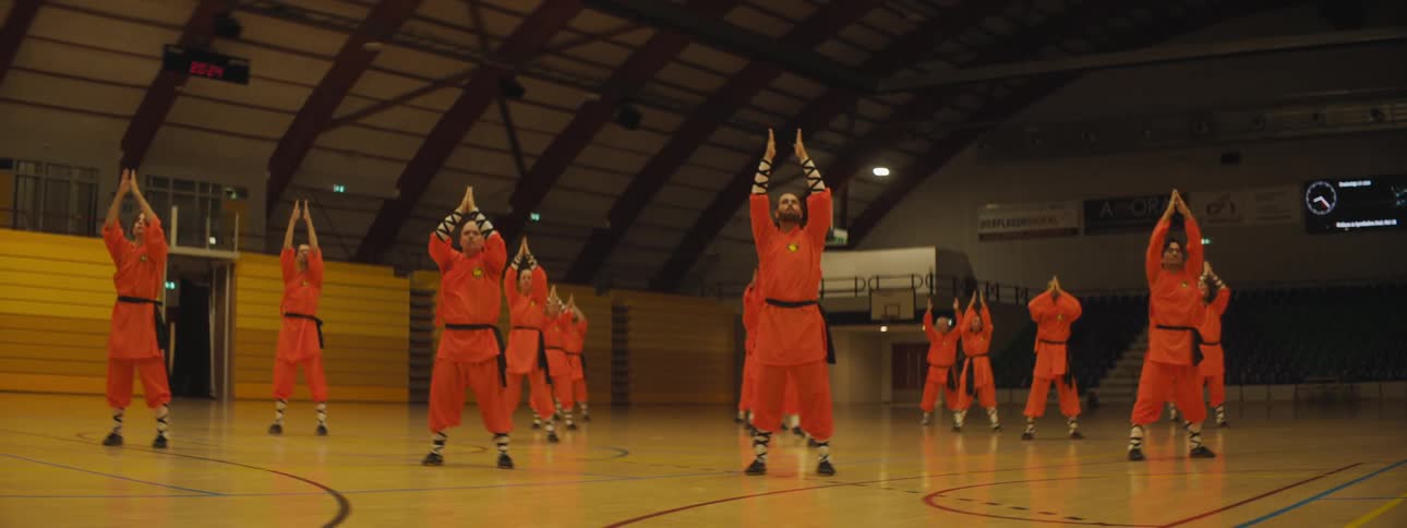 A group of people are performing martial arts moves in unison standing on a gym floor