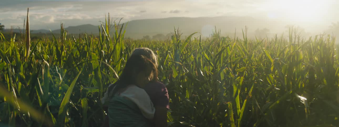 Grey haired woman carries girl in sling on back through crop field heading in direction of sun shining over mountains
