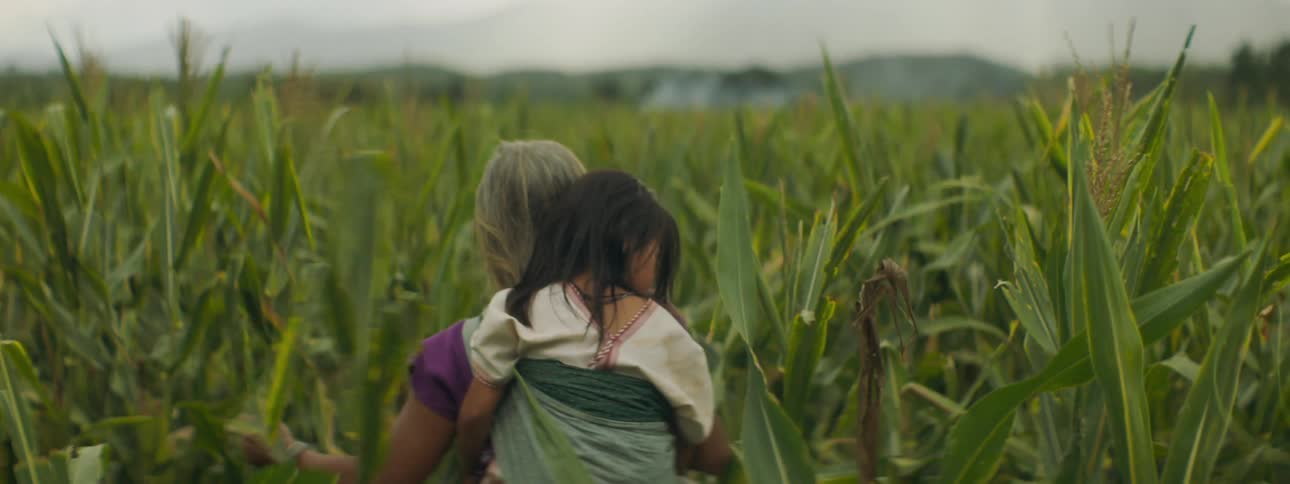 An elderly woman carries a child on her back through a field of tall grass