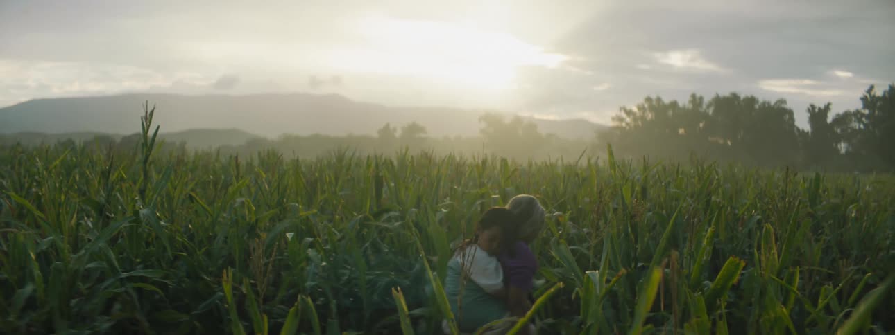 An elderly woman carries a child through a field on her back
