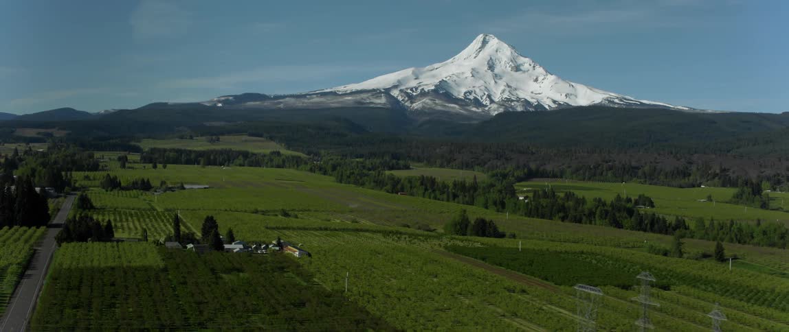 A snow capped mountain looms over farmland in the countryside during the day