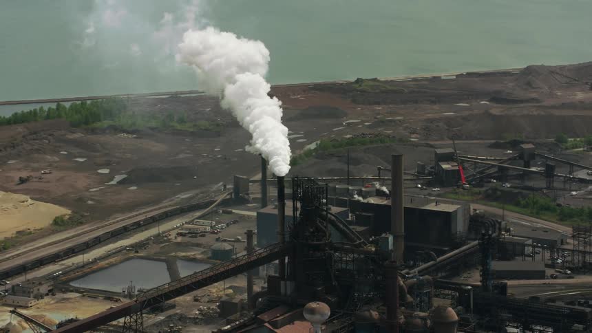 Wipe smoke leaves chimney at manufacturing plant sitting near water