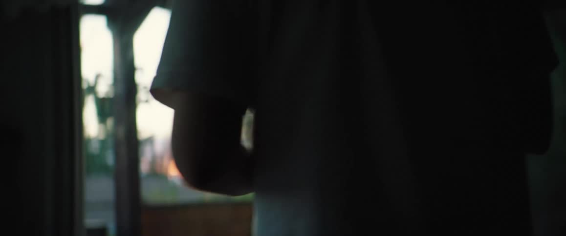 A person is walking in their house while the sun is setting