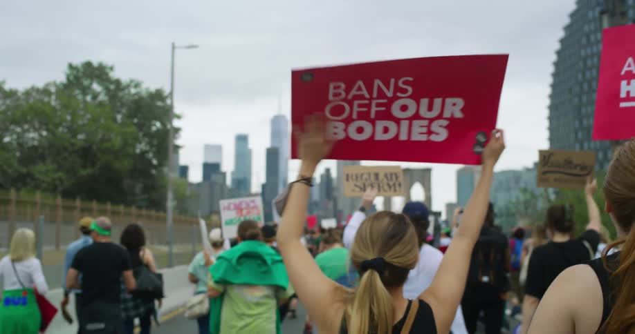 A group of people carrying signs march along a road near a large city