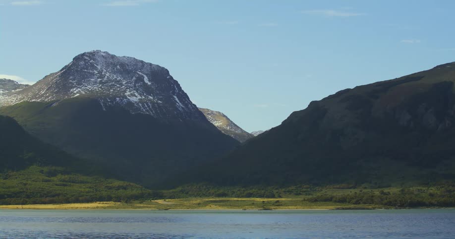 Mountains loom over a large river under a clear daytime sky