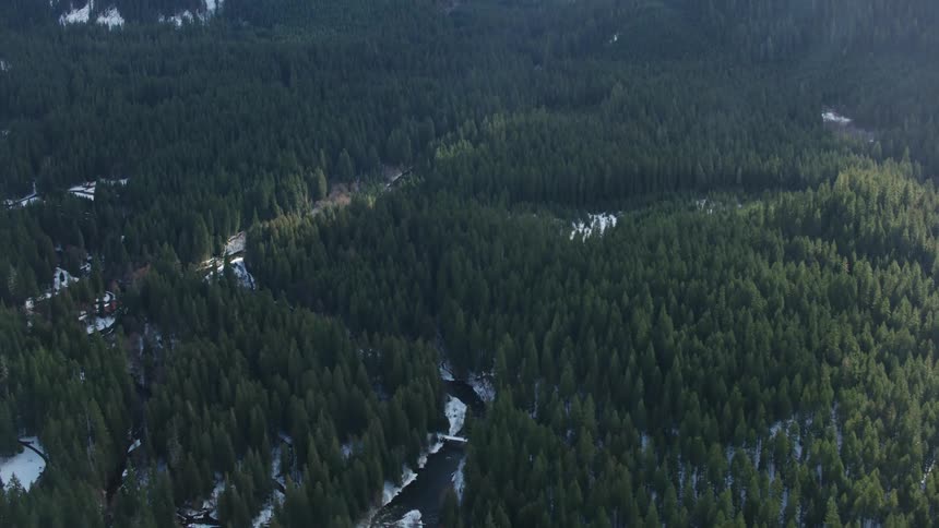 A road runs through a forested mountain with light snow cover and there is a neighborhood among the trees