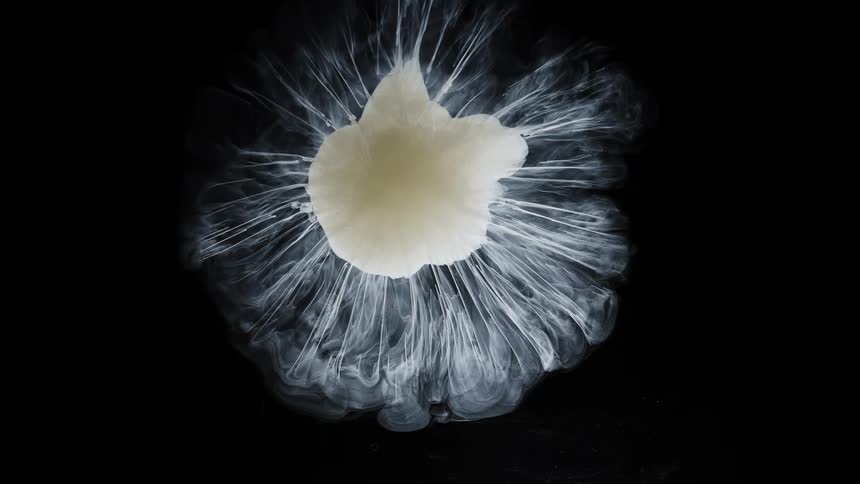 Threads and smoke emerge from a white object like a flower