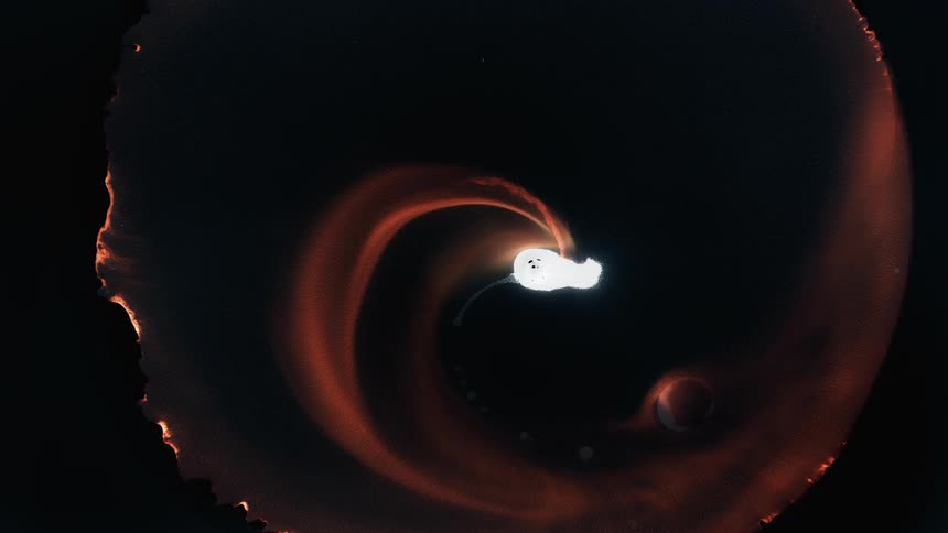 A white object spirals and throws off circular trails