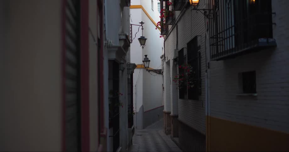 A woman walks her dog on a narrow road between pretty village buildings