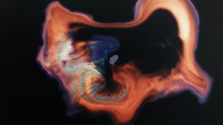 The dark center of an organic orange amoeba grows as a turquoise highlight move across the inside edges