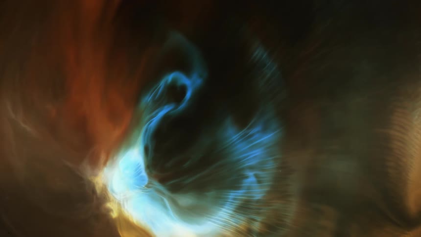An illuminated light blue aura expands from an orange and red cloudy substance as it moves upward into the darkness