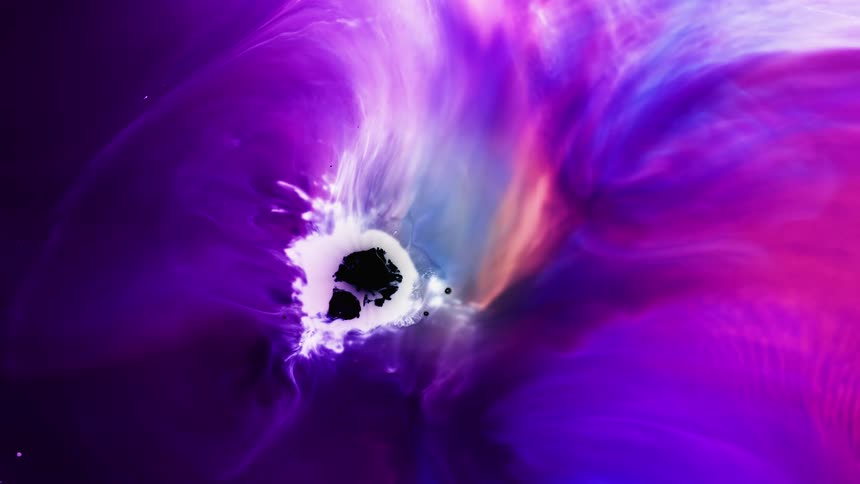 Visual effect of a moving cloud of bright blue and purple liquid ink flowing in slow waves and streaks