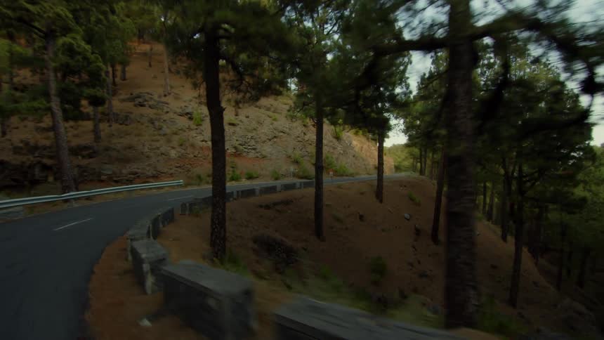 Traveling on a two lane winding mountain road lined with trees and forests in the distance