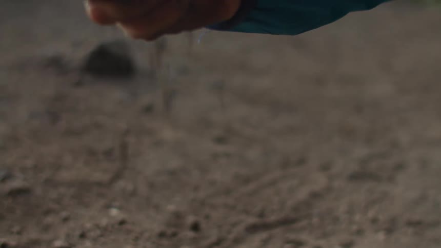 A hand moves across the ground and scoops up a handful of dirt and rubs it in their fingers as it falls to the ground