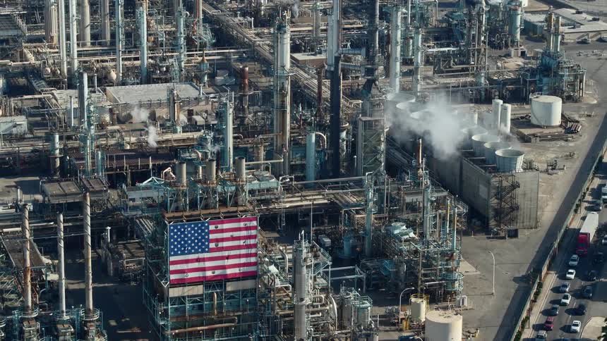 Heavy traffic passes by a refinery with a large american flag