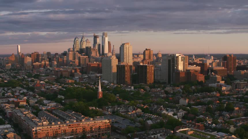 Trees line the city streets with buildings and skyscrapers nearby at dusk