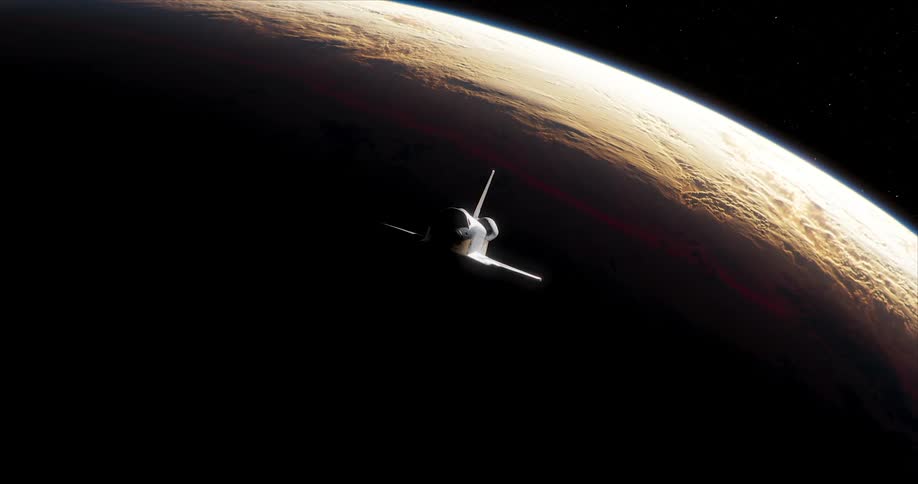 Space shuttle orbiting above a the dark side of planet earth