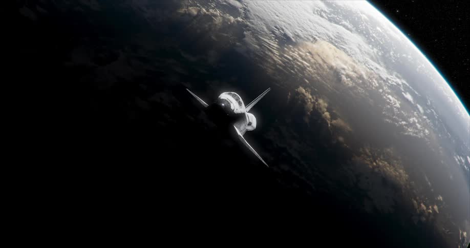 A view of the space shuttle flying away from the earth