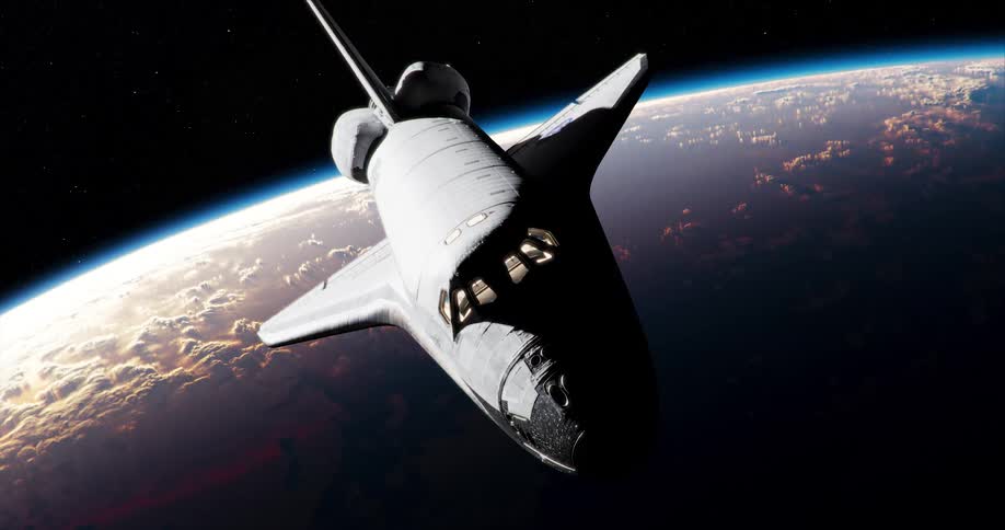 The space ship is floating above the planet