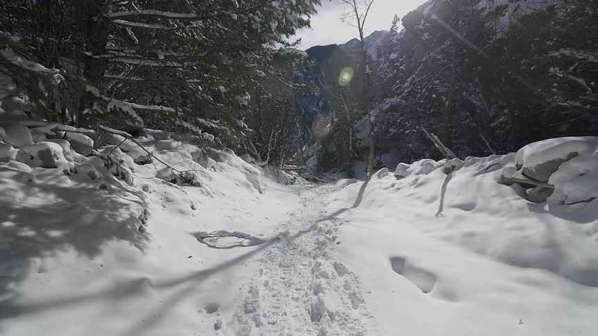 A walked on trail is in the snow on a cloudy day