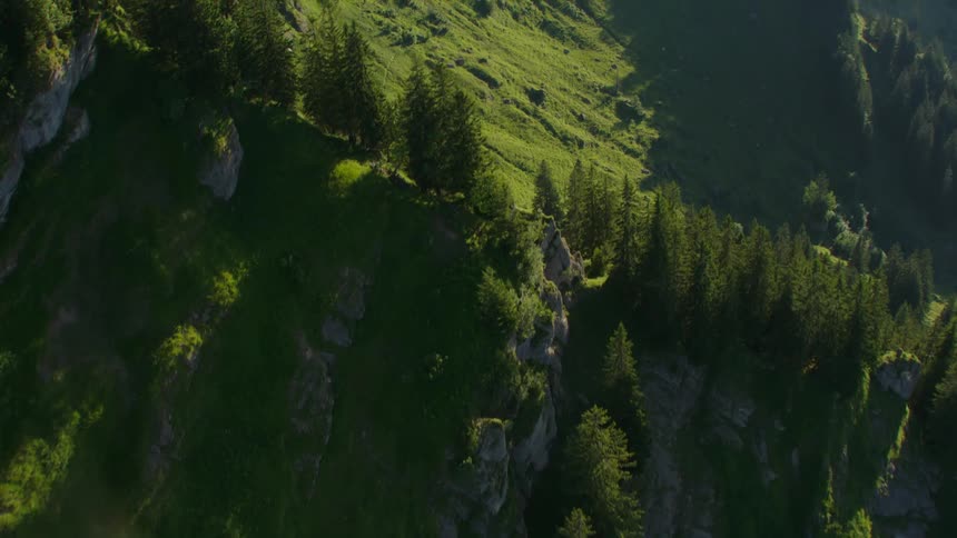 Aerial view of the green slopes of a mountain range at morning